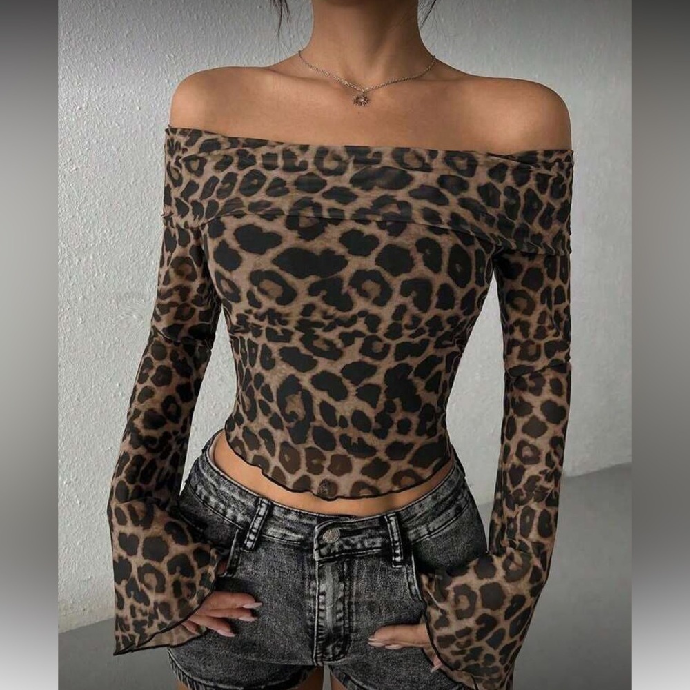 Boho brown leopard print off shoulder fitted top